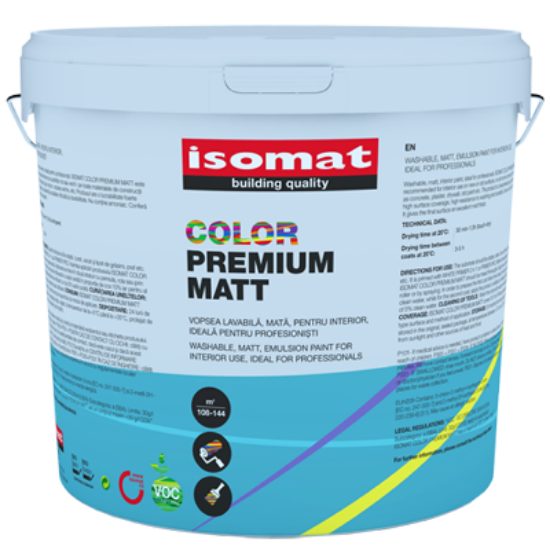 Poza cu Vopsea lavabilă mată de interior, premium ISOMAT COLOR PREMIUM MATT Alb 9 litri